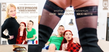 Redheaded teen Miss Olivia has a threesome with her blonde stepmother