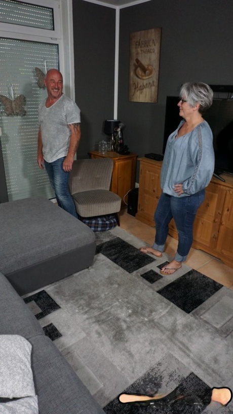 Chubby German granny strips off jeans to pleasure hubby with blowjob & bang