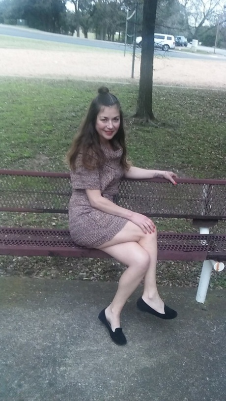 Amateur MILF Olivia Johnson flashing her super hairy pussy in public