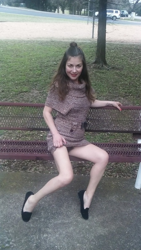 Amateur MILF Olivia Johnson flashing her super hairy pussy in public