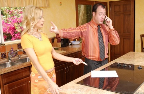 Thin mature Payton Leigh kneels and blows dick before fucking in the kitchen