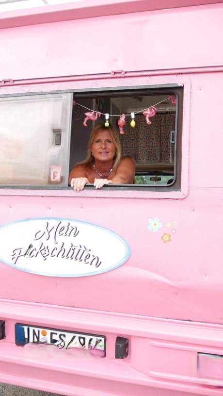 Chubby German MILF strips and gets her hole filled in a pink ice cream van