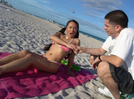 Little Asian MILF Mya Luanna gets picked up at the beach and fucked on a sofa