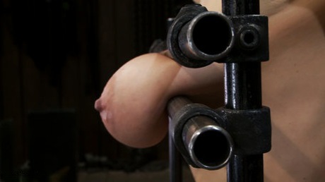 Amateur Alia Janine shows gets bound in metal bondage & blindfolded