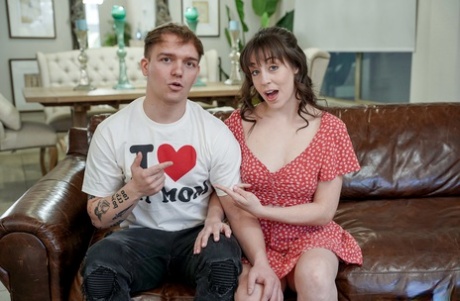 Brunette MILF Jenna Noelle gets banged & creampied by her stepson on a couch