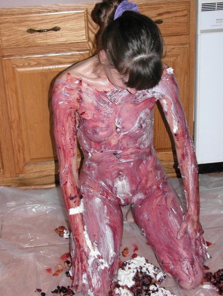 Petite Samantha Charles gets all messy playing with food in the kitchen