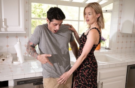 Blonde widow seduces her stepson, gets down on her knees & blows his boner